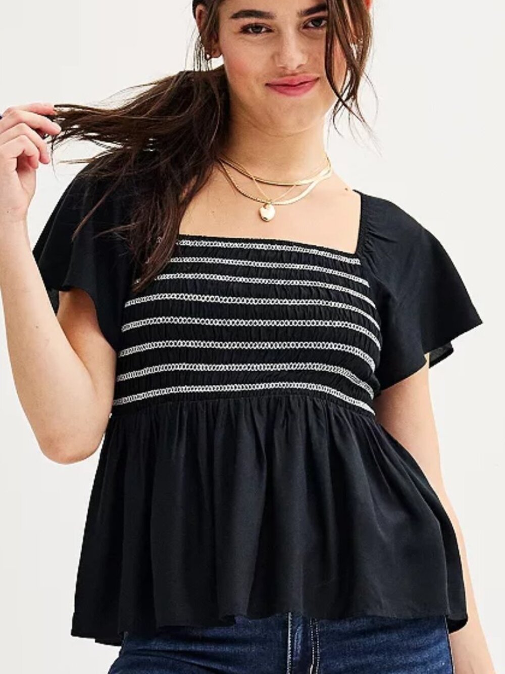 Junior's SO Smocked Babydoll Top with Ruffled Sleeves - Black Luxe - XS - NWT